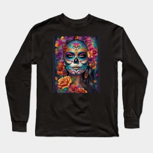 Embrace Tradition: Woman Adorned in Sugar Skull Makeup Long Sleeve T-Shirt